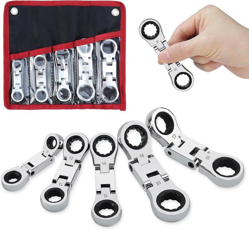 LOSCHEN 5-Piece Flex-Head Stubby Ratcheting Combination Wrench Set, Mini Wrench Set, Double Box End Flex-Head, Mini Spanner Set, Metric 8 10 12 13 14 15 16 17 18 19mm, 72-Teeth, CR-V Steel - Image 1